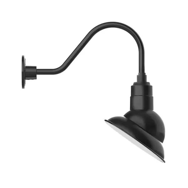 Our outdoor wall lights, inspired by 1920's industrial lighting, in classic gooseneck arm styles are great for use as sign or awning lights, garage or barn lights. This vintage look works well indoors also, our smallest sizes will illuminate a restaurant menu board, bookcase, or shelving unit. The Emblem shade is designed to illuminate the surface to which it is mounted. Collection: Emblem Finish: Black Glass: 10 inch Emblem Notes: Option (1) A19 LED and 3-Integrated 8W, 10W, 15W Width: 8.50" Height: 19.50" Length: 19.75" Weight: 8.00 lb Extension from Wall: 19.75" Canopy: 4.625" diameter Number of Bulbs: 1 Maximum Wattage: 100.00 W Bulb Type: A19 Bulb Base: E26 Medium Light Source: Incandescent or LED equivalent Dimmable Voltage: 120.00 V Country of Origin: US Safety Listing: UL/cUL Safety Rating: Wet Dark Sky LED Manufacturer Warranty: 1-year limited warranty on the fixture.