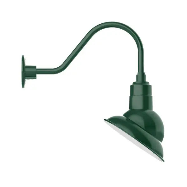 Our outdoor wall lights, inspired by 1920's industrial lighting, in classic gooseneck arm styles are great for use as sign or awning lights, garage or barn lights. This vintage look works well indoors also, our smallest sizes will illuminate a restaurant menu board, bookcase, or shelving unit. The Emblem shade is designed to illuminate the surface to which it is mounted. Collection: Emblem Finish: Forest Green Glass: 10 inch Emblem Width: 8.50" Height: 19.50" Length: 19.75" Weight: 8.00 lb Extension from Wall: 19.75" Canopy: 4.625" diameter Number of Bulbs: 1 Maximum Wattage: 10.00 W Light Source: LED Light Output: 800.00 lm Color Temperature: 3000 K CRI: 90 Dimmable Rated Average Life: 50,000 Voltage: 120.00 V Country of Origin: US Safety Listing: UL/cUL Safety Rating: Wet Dark Sky LED Manufacturer Warranty: 1-year limited warranty on the fixture.
