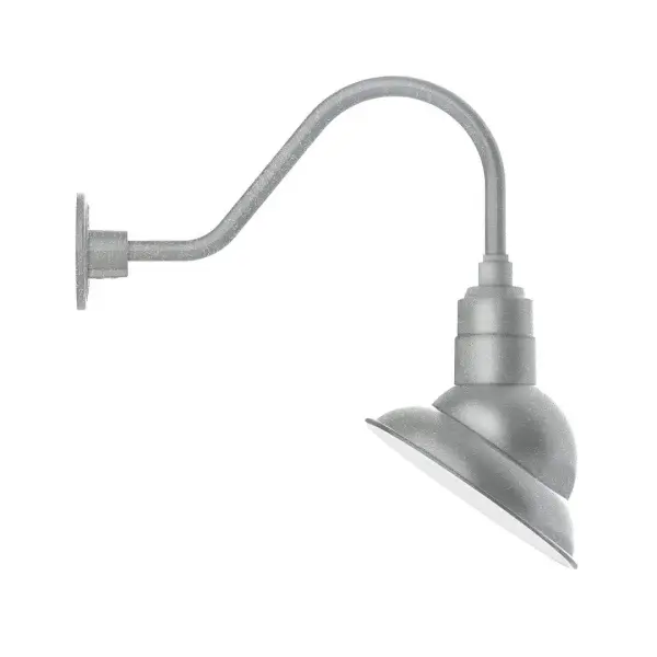 Our outdoor wall lights, inspired by 1920's industrial lighting, in classic gooseneck arm styles are great for use as sign or awning lights, garage or barn lights. This vintage look works well indoors also, our smallest sizes will illuminate a restaurant menu board, bookcase, or shelving unit. The Emblem shade is designed to illuminate the surface to which it is mounted. Collection: Emblem Finish: Painted Galvanized Glass: 10 inch Emblem Notes: Option (1) A19 LED and 3-Integrated 8W, 10W, 15W Width: 8.50" Height: 19.50" Length: 19.75" Weight: 8.00 lb Extension from Wall: 19.75" Canopy: 4.625" diameter Number of Bulbs: 1 Maximum Wattage: 100.00 W Bulb Type: A19 Bulb Base: E26 Medium Light Source: Incandescent or LED equivalent Dimmable Voltage: 120.00 V Country of Origin: US Safety Listing: UL/cUL Safety Rating: Wet Dark Sky LED Manufacturer Warranty: 1-year limited warranty on the fixture.