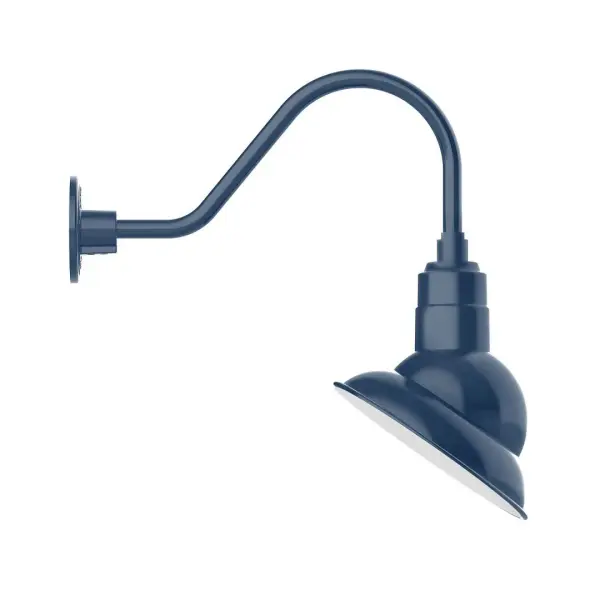 Our outdoor wall lights, inspired by 1920's industrial lighting, in classic gooseneck arm styles are great for use as sign or awning lights, garage or barn lights. This vintage look works well indoors also, our smallest sizes will illuminate a restaurant menu board, bookcase, or shelving unit. The Emblem shade is designed to illuminate the surface to which it is mounted. Collection: Emblem Finish: Navy Glass: 10 inch Emblem Width: 8.50" Height: 19.50" Length: 19.75" Weight: 8.00 lb Extension from Wall: 19.75" Canopy: 4.625" diameter Number of Bulbs: 1 Maximum Wattage: 10.00 W Light Source: LED Light Output: 800.00 lm Color Temperature: 2700 K CRI: 90 Dimmable Rated Average Life: 50,000 Voltage: 120.00 V Country of Origin: US Safety Listing: UL/cUL Safety Rating: Wet Dark Sky LED Manufacturer Warranty: 1-year limited warranty on the fixture.