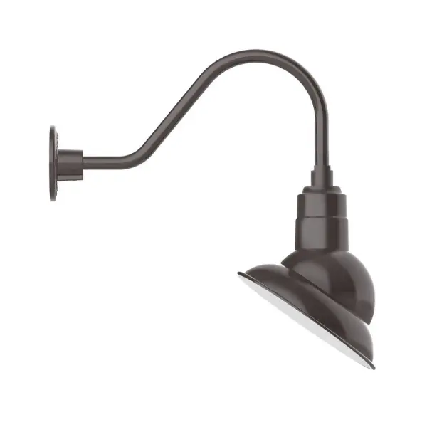 Our outdoor wall lights, inspired by 1920's industrial lighting, in classic gooseneck arm styles are great for use as sign or awning lights, garage or barn lights. This vintage look works well indoors also, our smallest sizes will illuminate a restaurant menu board, bookcase, or shelving unit. The Emblem shade is designed to illuminate the surface to which it is mounted. Collection: Emblem Finish: Architectural Bronze Glass: 10 inch Emblem Width: 8.50" Height: 19.50" Length: 19.75" Weight: 8.00 lb Extension from Wall: 19.75" Canopy: 4.625" diameter Number of Bulbs: 1 Maximum Wattage: 10.00 W Light Source: LED Light Output: 800.00 lm Color Temperature: 3000 K CRI: 90 Dimmable Rated Average Life: 50,000 Voltage: 120.00 V Country of Origin: US Safety Listing: UL/cUL Safety Rating: Wet Dark Sky LED Manufacturer Warranty: 1-year limited warranty on the fixture.
