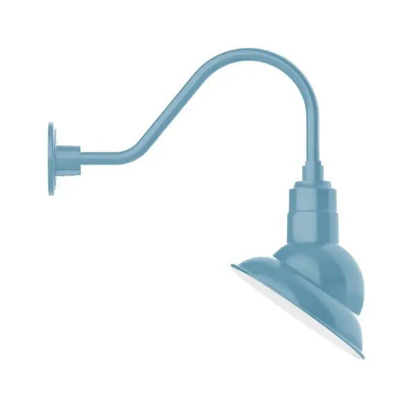 Our outdoor wall lights, inspired by 1920's industrial lighting, in classic gooseneck arm styles are great for use as sign or awning lights, garage or barn lights. This vintage look works well indoors also, our smallest sizes will illuminate a restaurant menu board, bookcase, or shelving unit. The Emblem shade is designed to illuminate the surface to which it is mounted. Collection: Emblem Finish: Light Blue Glass: 10 inch Emblem Notes: Option (1) A19 LED and 3-Integrated 8W, 10W, 15W Width: 8.50" Height: 19.50" Length: 19.75" Weight: 8.00 lb Extension from Wall: 19.75" Canopy: 4.625" diameter Number of Bulbs: 1 Maximum Wattage: 100.00 W Bulb Type: A19 Bulb Base: E26 Medium Light Source: Incandescent or LED equivalent Dimmable Voltage: 120.00 V Country of Origin: US Safety Listing: UL/cUL Safety Rating: Wet Dark Sky LED Manufacturer Warranty: 1-year limited warranty on the fixture.
