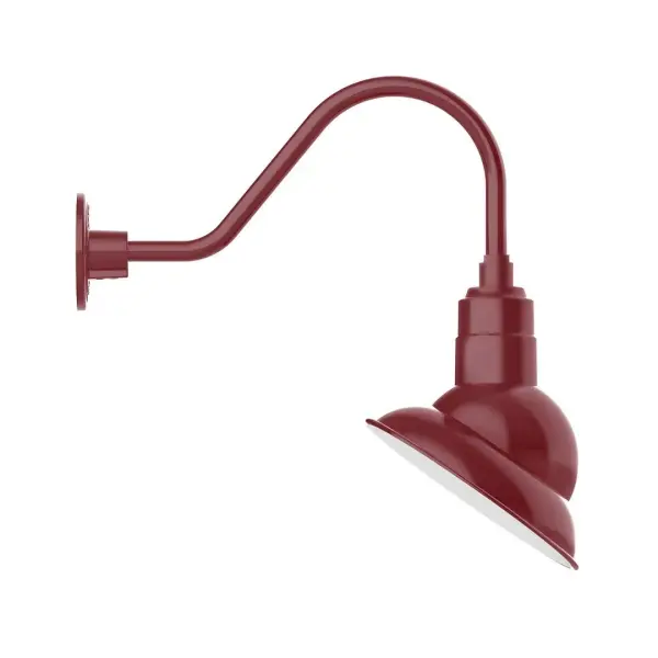 Our outdoor wall lights, inspired by 1920's industrial lighting, in classic gooseneck arm styles are great for use as sign or awning lights, garage or barn lights. This vintage look works well indoors also, our smallest sizes will illuminate a restaurant menu board, bookcase, or shelving unit. The Emblem shade is designed to illuminate the surface to which it is mounted. Collection: Emblem Finish: Barn Red Glass: 10 inch Emblem Width: 8.50" Height: 19.50" Length: 19.75" Weight: 8.00 lb Extension from Wall: 19.75" Canopy: 4.625" diameter Number of Bulbs: 1 Maximum Wattage: 10.00 W Light Source: LED Light Output: 800.00 lm Color Temperature: 3000 K CRI: 90 Dimmable Rated Average Life: 50,000 Voltage: 120.00 V Country of Origin: US Safety Listing: UL/cUL Safety Rating: Wet Dark Sky LED Manufacturer Warranty: 1-year limited warranty on the fixture.
