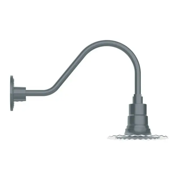 Our outdoor wall lights, inspired by 1920's industrial lighting, in classic gooseneck arm styles are great for use as sign or awning lights, garage or barn lights. This vintage look works well indoors also, our smallest sizes will illuminate a restaurant menu board, bookcase, or shelving unit. The Radial Shade is fluted to allow water to flow off its surface, suitable for seaside and non-seaside locales. Collection: Radial Finish: Slate Gray Glass: 8 inch Radial Notes: Option (1) A19 LED and 3-Integrated 8W, 10W, 15W Width: 8.00" Height: 12.75" Length: 20.50" Weight: 8.00 lb Extension from Wall: 20.50" Canopy: 4.625" diameter Number of Bulbs: 1 Maximum Wattage: 100.00 W Bulb Type: A19 Bulb Base: E26 Medium Light Source: Incandescent or LED equivalent Dimmable Voltage: 120.00 V Country of Origin: US Safety Listing: UL/cUL Safety Rating: Wet Dark Sky LED Manufacturer Warranty: 1-year limited warranty on the fixture.