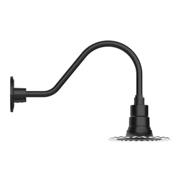 Our outdoor wall lights, inspired by 1920's industrial lighting, in classic gooseneck arm styles are great for use as sign or awning lights, garage or barn lights. This vintage look works well indoors also, our smallest sizes will illuminate a restaurant menu board, bookcase, or shelving unit. The Radial Shade is fluted to allow water to flow off its surface, suitable for seaside and non-seaside locales. Collection: Radial Finish: Black Glass: Clear Glass with Cast Guard Notes: Option (1) A19 LED and 3-Integrated 8W, 10W, 15W Width: 8.00" Height: 12.75" Length: 20.50" Weight: 8.00 lb Extension from Wall: 20.50" Canopy: 4.625" diameter Number of Bulbs: 1 Maximum Wattage: 100.00 W Bulb Type: A19 Bulb Base: E26 Medium Light Source: Incandescent or LED equivalent Dimmable Voltage: 120.00 V Country of Origin: US Safety Listing: UL/cUL Safety Rating: Wet Dark Sky LED Manufacturer Warranty: 1-year limited warranty on the fixture.