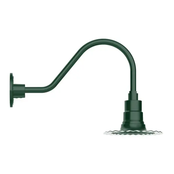 Our outdoor wall lights, inspired by 1920's industrial lighting, in classic gooseneck arm styles are great for use as sign or awning lights, garage or barn lights. This vintage look works well indoors also, our smallest sizes will illuminate a restaurant menu board, bookcase, or shelving unit. The Radial Shade is fluted to allow water to flow off its surface, suitable for seaside and non-seaside locales. Collection: Radial Finish: Forest Green Glass: Clear Glass with Cast Guard Notes: Option (1) A19 LED and 3-Integrated 8W, 10W, 15W Width: 8.00" Height: 12.75" Length: 20.50" Weight: 8.00 lb Extension from Wall: 20.50" Canopy: 4.625" diameter Number of Bulbs: 1 Maximum Wattage: 100.00 W Bulb Type: A19 Bulb Base: E26 Medium Light Source: Incandescent or LED equivalent Dimmable Voltage: 120.00 V Country of Origin: US Safety Listing: UL/cUL Safety Rating: Wet Dark Sky LED Manufacturer Warranty: 1-year limited warranty on the fixture.