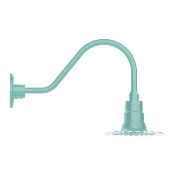Our outdoor wall lights, inspired by 1920's industrial lighting, in classic gooseneck arm styles are great for use as sign or awning lights, garage or barn lights. This vintage look works well indoors also, our smallest sizes will illuminate a restaurant menu board, bookcase, or shelving unit. The Radial Shade is fluted to allow water to flow off its surface, suitable for seaside and non-seaside locales. Collection: Radial Finish: Sea Green Glass: 8 inch Radial Notes: Option (1) A19 LED and 3-Integrated 8W, 10W, 15W Width: 8.00" Height: 12.75" Length: 20.50" Weight: 8.00 lb Extension from Wall: 20.50" Canopy: 4.625" diameter Number of Bulbs: 1 Maximum Wattage: 100.00 W Bulb Type: A19 Bulb Base: E26 Medium Light Source: Incandescent or LED equivalent Dimmable Voltage: 120.00 V Country of Origin: US Safety Listing: UL/cUL Safety Rating: Wet Dark Sky LED Manufacturer Warranty: 1-year limited warranty on the fixture.