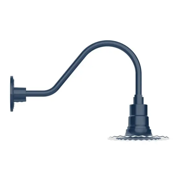 Our outdoor wall lights, inspired by 1920's industrial lighting, in classic gooseneck arm styles are great for use as sign or awning lights, garage or barn lights. This vintage look works well indoors also, our smallest sizes will illuminate a restaurant menu board, bookcase, or shelving unit. The Radial Shade is fluted to allow water to flow off its surface, suitable for seaside and non-seaside locales. Collection: Radial Finish: Navy Glass: Clear Glass with Cast Guard Notes: Option (1) A19 LED and 3-Integrated 8W, 10W, 15W Width: 8.00" Height: 12.75" Length: 20.50" Weight: 8.00 lb Extension from Wall: 20.50" Canopy: 4.625" diameter Number of Bulbs: 1 Maximum Wattage: 100.00 W Bulb Type: A19 Bulb Base: E26 Medium Light Source: Incandescent or LED equivalent Dimmable Voltage: 120.00 V Country of Origin: US Safety Listing: UL/cUL Safety Rating: Wet Dark Sky LED Manufacturer Warranty: 1-year limited warranty on the fixture.