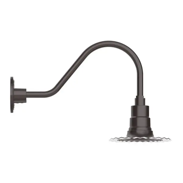Our outdoor wall lights, inspired by 1920's industrial lighting, in classic gooseneck arm styles are great for use as sign or awning lights, garage or barn lights. This vintage look works well indoors also, our smallest sizes will illuminate a restaurant menu board, bookcase, or shelving unit. The Radial Shade is fluted to allow water to flow off its surface, suitable for seaside and non-seaside locales. Collection: Radial Finish: Architectural Bronze Glass: 8 inch Radial Notes: Option (1) A19 LED and 3-Integrated 8W, 10W, 15W Width: 8.00" Height: 12.75" Length: 20.50" Weight: 8.00 lb Extension from Wall: 20.50" Canopy: 4.625" diameter Number of Bulbs: 1 Maximum Wattage: 100.00 W Bulb Type: A19 Bulb Base: E26 Medium Light Source: Incandescent or LED equivalent Dimmable Voltage: 120.00 V Country of Origin: US Safety Listing: UL/cUL Safety Rating: Wet Dark Sky LED Manufacturer Warranty: 1-year limited warranty on the fixture.