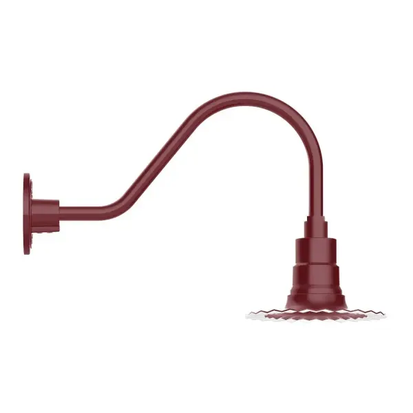 Our outdoor wall lights, inspired by 1920's industrial lighting, in classic gooseneck arm styles are great for use as sign or awning lights, garage or barn lights. This vintage look works well indoors also, our smallest sizes will illuminate a restaurant menu board, bookcase, or shelving unit. The Radial Shade is fluted to allow water to flow off its surface, suitable for seaside and non-seaside locales. Collection: Radial Finish: Barn Red Glass: 8 inch Radial Notes: Option (1) A19 LED and 3-Integrated 8W, 10W, 15W Width: 8.00" Height: 12.75" Length: 20.50" Weight: 8.00 lb Extension from Wall: 20.50" Canopy: 4.625" diameter Number of Bulbs: 1 Maximum Wattage: 100.00 W Bulb Type: A19 Bulb Base: E26 Medium Light Source: Incandescent or LED equivalent Dimmable Voltage: 120.00 V Country of Origin: US Safety Listing: UL/cUL Safety Rating: Wet Dark Sky LED Manufacturer Warranty: 1-year limited warranty on the fixture.