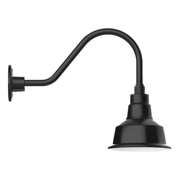 Our outdoor wall lights, inspired by 1920's industrial lighting, in classic gooseneck arm styles are great for use as sign or awning lights, garage or barn lights. This vintage look works well indoors also, our smallest sizes will illuminate a restaurant menu board, bookcase, or shelving unit. The Warehouse shade is our most popular shade style, and we offer in a large variety of sizes. Collection: Warehouse Finish: Black Glass: Clear Glass with Cast Guard Notes: Option (1) A19 LED and Integrated LED Width: 8.25" Height: 15.38" Length: 20.50" Weight: 8.00 lb Extension from Wall: 20.50" Canopy: 4.625" diameter Number of Bulbs: 1 Maximum Wattage: 100.00 W Bulb Type: A19 Bulb Base: E26 Medium Light Source: Incandescent or LED equivalent Dimmable Voltage: 120.00 V Country of Origin: US Safety Listing: UL/cUL Safety Rating: Wet Dark Sky LED Manufacturer Warranty: 1-year limited warranty on the fixture.
