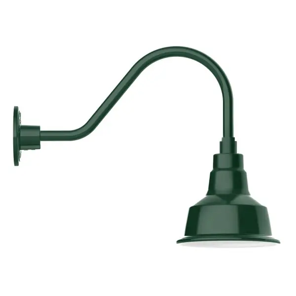 Our outdoor wall lights, inspired by 1920's industrial lighting, in classic gooseneck arm styles are great for use as sign or awning lights, garage or barn lights. This vintage look works well indoors also, our smallest sizes will illuminate a restaurant menu board, bookcase, or shelving unit. The Warehouse shade is our most popular shade style, and we offer in a large variety of sizes. Collection: Warehouse Finish: Forest Green Glass: 8 inch Warehouse Width: 8.25" Height: 15.38" Length: 20.50" Weight: 8.00 lb Extension from Wall: 20.50" Canopy: 4.625" diameter Number of Bulbs: 1 Maximum Wattage: 8.00 W Light Source: LED Light Output: 800.00 lm Color Temperature: 3000 K CRI: 90 Dimmable Rated Average Life: 50,000 Voltage: 120.00 V Country of Origin: US Safety Listing: UL/cUL Safety Rating: Wet Dark Sky LED Manufacturer Warranty: 1-year limited warranty on the fixture.