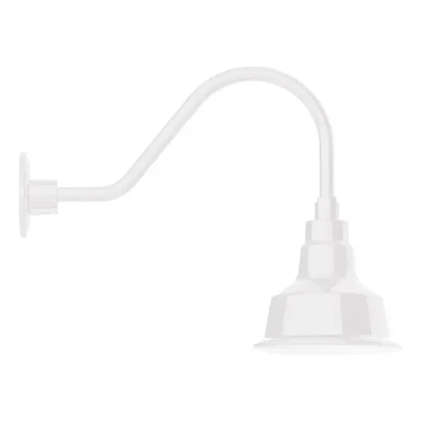 Our outdoor wall lights, inspired by 1920's industrial lighting, in classic gooseneck arm styles are great for use as sign or awning lights, garage or barn lights. This vintage look works well indoors also, our smallest sizes will illuminate a restaurant menu board, bookcase, or shelving unit. The Warehouse shade is our most popular shade style, and we offer in a large variety of sizes. Collection: Warehouse Finish: White Glass: Clear Glass with Cast Guard Notes: Option (1) A19 LED and Integrated LED Width: 8.25" Height: 15.38" Length: 20.50" Weight: 8.00 lb Extension from Wall: 20.50" Canopy: 4.625" diameter Number of Bulbs: 1 Maximum Wattage: 100.00 W Bulb Type: A19 Bulb Base: E26 Medium Light Source: Incandescent or LED equivalent Dimmable Voltage: 120.00 V Country of Origin: US Safety Listing: UL/cUL Safety Rating: Wet Dark Sky LED Manufacturer Warranty: 1-year limited warranty on the fixture.