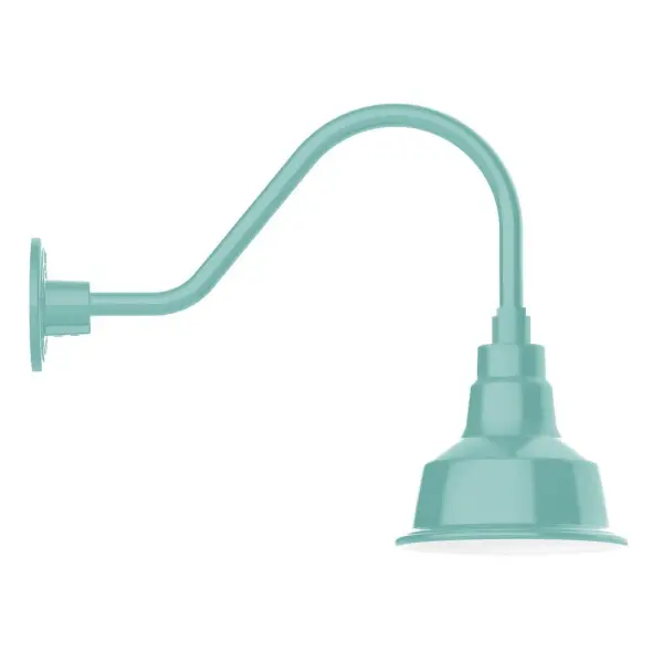 Our outdoor wall lights, inspired by 1920's industrial lighting, in classic gooseneck arm styles are great for use as sign or awning lights, garage or barn lights. This vintage look works well indoors also, our smallest sizes will illuminate a restaurant menu board, bookcase, or shelving unit. The Warehouse shade is our most popular shade style, and we offer in a large variety of sizes. Collection: Warehouse Finish: Sea Green Glass: 8 inch Warehouse Width: 8.25" Height: 15.38" Length: 20.50" Weight: 8.00 lb Extension from Wall: 20.50" Canopy: 4.625" diameter Number of Bulbs: 1 Maximum Wattage: 8.00 W Light Source: LED Light Output: 800.00 lm Color Temperature: 3000 K CRI: 90 Dimmable Rated Average Life: 50,000 Voltage: 120.00 V Country of Origin: US Safety Listing: UL/cUL Safety Rating: Wet Dark Sky LED Manufacturer Warranty: 1-year limited warranty on the fixture.