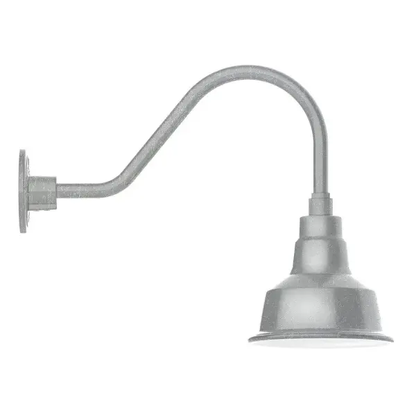 Our outdoor wall lights, inspired by 1920's industrial lighting, in classic gooseneck arm styles are great for use as sign or awning lights, garage or barn lights. This vintage look works well indoors also, our smallest sizes will illuminate a restaurant menu board, bookcase, or shelving unit. The Warehouse shade is our most popular shade style, and we offer in a large variety of sizes. Collection: Warehouse Finish: Painted Galvanized Glass: 8 inch Warehouse Width: 8.25" Height: 15.38" Length: 20.50" Weight: 8.00 lb Extension from Wall: 20.50" Canopy: 4.625" diameter Number of Bulbs: 1 Maximum Wattage: 8.00 W Light Source: LED Light Output: 800.00 lm Color Temperature: 3000 K CRI: 90 Dimmable Rated Average Life: 50,000 Voltage: 120.00 V Country of Origin: US Safety Listing: UL/cUL Safety Rating: Wet Dark Sky LED Manufacturer Warranty: 1-year limited warranty on the fixture.