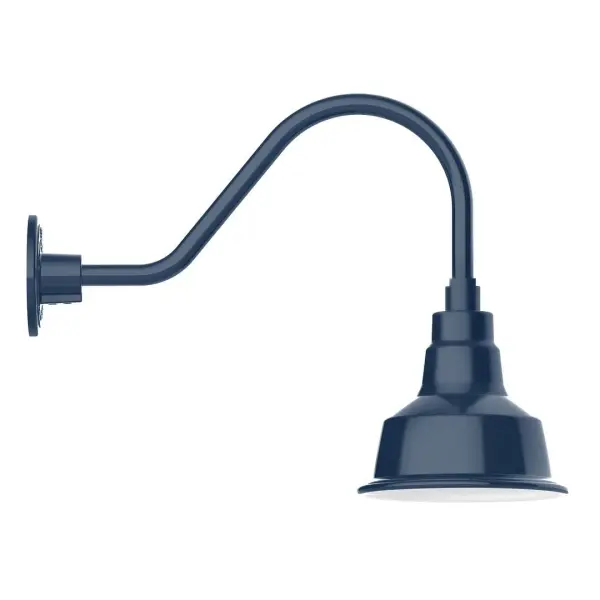 Our outdoor wall lights, inspired by 1920's industrial lighting, in classic gooseneck arm styles are great for use as sign or awning lights, garage or barn lights. This vintage look works well indoors also, our smallest sizes will illuminate a restaurant menu board, bookcase, or shelving unit. The Warehouse shade is our most popular shade style, and we offer in a large variety of sizes. Collection: Warehouse Finish: Navy Glass: Clear Glass with Cast Guard Width: 8.25" Height: 15.38" Length: 20.50" Weight: 8.00 lb Extension from Wall: 20.50" Canopy: 4.625" diameter Number of Bulbs: 1 Maximum Wattage: 8.00 W Light Source: LED Light Output: 800.00 lm Color Temperature: 3000 K CRI: 90 Dimmable Rated Average Life: 50,000 Voltage: 120.00 V Country of Origin: US Safety Listing: UL/cUL Safety Rating: Wet Dark Sky LED Manufacturer Warranty: 1-year limited warranty on the fixture.