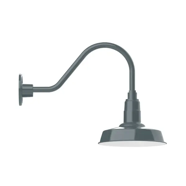 Our outdoor wall lights, inspired by 1920's industrial lighting, in classic gooseneck arm styles are great for use as sign or awning lights, garage or barn lights. This vintage look works well indoors also, our smallest sizes will illuminate a restaurant menu board, bookcase, or shelving unit. The Warehouse shade is our most popular shade style, and we offer in a large variety of sizes. Collection: Warehouse Finish: Slate Gray Glass: 10 inch Warehouse Notes: Option (1) A19 LED and Integrated LED Width: 10.00" Height: 15.00" Length: 25.50" Weight: 5.00 lb Extension from Wall: 25.50" Canopy: 4.625" diameter Number of Bulbs: 1 Maximum Wattage: 100.00 W Bulb Type: A19 Bulb Base: E26 Medium Light Source: Incandescent or LED equivalent Dimmable Voltage: 120.00 V Country of Origin: US Safety Listing: UL/cUL Safety Rating: Wet Dark Sky LED Manufacturer Warranty: 1-year limited warranty on the fixture.