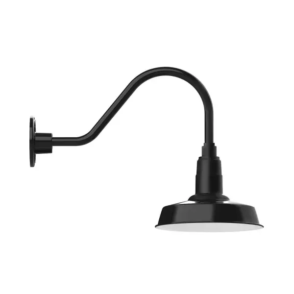 Our outdoor wall lights, inspired by 1920's industrial lighting, in classic gooseneck arm styles are great for use as sign or awning lights, garage or barn lights. This vintage look works well indoors also, our smallest sizes will illuminate a restaurant menu board, bookcase, or shelving unit. The Warehouse shade is our most popular shade style, and we offer in a large variety of sizes. Collection: Warehouse Finish: Black Glass: 10 inch Warehouse Width: 10.00" Height: 15.00" Length: 25.50" Weight: 5.00 lb Extension from Wall: 25.50" Canopy: 4.625" diameter Number of Bulbs: 1 Maximum Wattage: 10.00 W Light Source: LED Light Output: 800.00 lm Color Temperature: 3000 K CRI: 90 Dimmable Rated Average Life: 50,000 Voltage: 120.00 V Country of Origin: US Safety Listing: UL/cUL Safety Rating: Wet Dark Sky LED Manufacturer Warranty: 1-year limited warranty on the fixture.