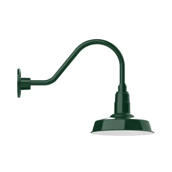 Our outdoor wall lights, inspired by 1920's industrial lighting, in classic gooseneck arm styles are great for use as sign or awning lights, garage or barn lights. This vintage look works well indoors also, our smallest sizes will illuminate a restaurant menu board, bookcase, or shelving unit. The Warehouse shade is our most popular shade style, and we offer in a large variety of sizes. Collection: Warehouse Finish: Forest Green Glass: 10 inch Warehouse Width: 10.00" Height: 15.00" Length: 25.50" Weight: 5.00 lb Extension from Wall: 25.50" Canopy: 4.625" diameter Number of Bulbs: 1 Maximum Wattage: 10.00 W Light Source: LED Light Output: 800.00 lm Color Temperature: 2700 K CRI: 90 Dimmable Rated Average Life: 50,000 Voltage: 120.00 V Country of Origin: US Safety Listing: UL/cUL Safety Rating: Wet Dark Sky LED Manufacturer Warranty: 1-year limited warranty on the fixture.