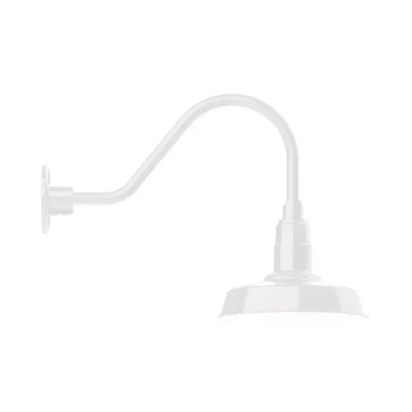 Our outdoor wall lights, inspired by 1920's industrial lighting, in classic gooseneck arm styles are great for use as sign or awning lights, garage or barn lights. This vintage look works well indoors also, our smallest sizes will illuminate a restaurant menu board, bookcase, or shelving unit. The Warehouse shade is our most popular shade style, and we offer in a large variety of sizes. Collection: Warehouse Finish: White Glass: 10 inch Warehouse Width: 10.00" Height: 15.00" Length: 25.50" Weight: 5.00 lb Extension from Wall: 25.50" Canopy: 4.625" diameter Number of Bulbs: 1 Maximum Wattage: 10.00 W Light Source: LED Light Output: 800.00 lm Color Temperature: 3000 K CRI: 90 Dimmable Rated Average Life: 50,000 Voltage: 120.00 V Country of Origin: US Safety Listing: UL/cUL Safety Rating: Wet Dark Sky LED Manufacturer Warranty: 1-year limited warranty on the fixture.