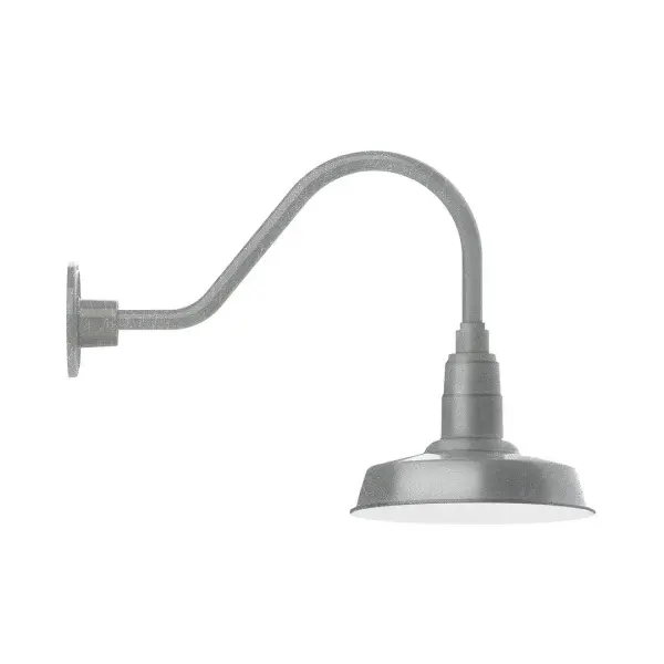 Our outdoor wall lights, inspired by 1920's industrial lighting, in classic gooseneck arm styles are great for use as sign or awning lights, garage or barn lights. This vintage look works well indoors also, our smallest sizes will illuminate a restaurant menu board, bookcase, or shelving unit. The Warehouse shade is our most popular shade style, and we offer in a large variety of sizes. Collection: Warehouse Finish: Painted Galvanized Glass: 10 inch Warehouse Width: 10.00" Height: 15.00" Length: 25.50" Weight: 5.00 lb Extension from Wall: 25.50" Canopy: 4.625" diameter Number of Bulbs: 1 Maximum Wattage: 10.00 W Light Source: LED Light Output: 800.00 lm Color Temperature: 2700 K CRI: 90 Dimmable Rated Average Life: 50,000 Voltage: 120.00 V Country of Origin: US Safety Listing: UL/cUL Safety Rating: Wet Dark Sky LED Manufacturer Warranty: 1-year limited warranty on the fixture.