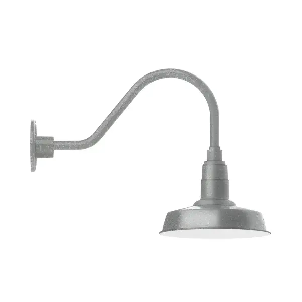 Our outdoor wall lights, inspired by 1920's industrial lighting, in classic gooseneck arm styles are great for use as sign or awning lights, garage or barn lights. This vintage look works well indoors also, our smallest sizes will illuminate a restaurant menu board, bookcase, or shelving unit. The Warehouse shade is our most popular shade style, and we offer in a large variety of sizes. Collection: Warehouse Finish: Painted Galvanized Glass: 10 inch Warehouse Notes: Option (1) A19 LED and Integrated LED Width: 10.00" Height: 15.00" Length: 25.50" Weight: 5.00 lb Extension from Wall: 25.50" Canopy: 4.625" diameter Number of Bulbs: 1 Maximum Wattage: 100.00 W Bulb Type: A19 Bulb Base: E26 Medium Light Source: Incandescent or LED equivalent Dimmable Voltage: 120.00 V Country of Origin: US Safety Listing: UL/cUL Safety Rating: Wet Dark Sky LED Manufacturer Warranty: 1-year limited warranty on the fixture.