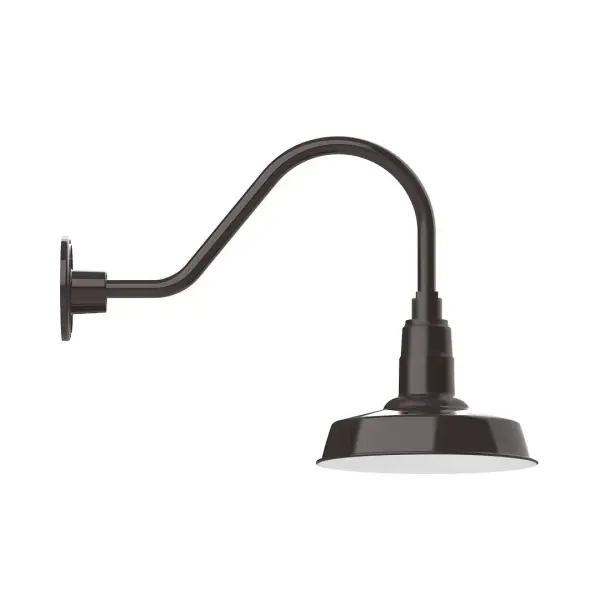 Our outdoor wall lights, inspired by 1920's industrial lighting, in classic gooseneck arm styles are great for use as sign or awning lights, garage or barn lights. This vintage look works well indoors also, our smallest sizes will illuminate a restaurant menu board, bookcase, or shelving unit. The Warehouse shade is our most popular shade style, and we offer in a large variety of sizes. Collection: Warehouse Finish: Architectural Bronze Glass: 10 inch Warehouse Notes: Option (1) A19 LED and Integrated LED Width: 10.00" Height: 15.00" Length: 25.50" Weight: 5.00 lb Extension from Wall: 25.50" Canopy: 4.625" diameter Number of Bulbs: 1 Maximum Wattage: 100.00 W Bulb Type: A19 Bulb Base: E26 Medium Light Source: Incandescent or LED equivalent Dimmable Voltage: 120.00 V Country of Origin: US Safety Listing: UL/cUL Safety Rating: Wet Dark Sky LED Manufacturer Warranty: 1-year limited warranty on the fixture.