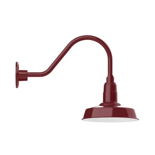Our outdoor wall lights, inspired by 1920's industrial lighting, in classic gooseneck arm styles are great for use as sign or awning lights, garage or barn lights. This vintage look works well indoors also, our smallest sizes will illuminate a restaurant menu board, bookcase, or shelving unit. The Warehouse shade is our most popular shade style, and we offer in a large variety of sizes. Collection: Warehouse Finish: Barn Red Glass: Clear Glass with Cast Guard Notes: Option (1) A19 LED and Integrated LED Width: 10.00" Height: 15.00" Length: 25.50" Weight: 5.00 lb Extension from Wall: 25.50" Canopy: 4.625" diameter Number of Bulbs: 1 Maximum Wattage: 100.00 W Bulb Type: A19 Bulb Base: E26 Medium Light Source: Incandescent or LED equivalent Dimmable Voltage: 120.00 V Country of Origin: US Safety Listing: UL/cUL Safety Rating: Wet Dark Sky LED Manufacturer Warranty: 1-year limited warranty on the fixture.