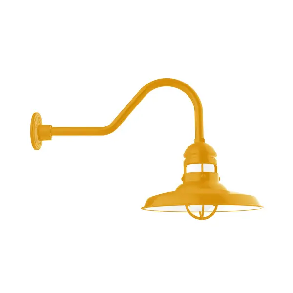 Our outdoor wall lights, inspired by 1920’s industrial lighting, in classic gooseneck arm styles are great for use as sign or awning lights, garage or barn lights. This vintage look works well indoors also, our smallest sizes will illuminate a restaurant menu board, bookcase, or shelving unit. The Atomic has a great retro feel and will lighten up any space. A clear glass jar to protect bulb from the elements is a standard feature.