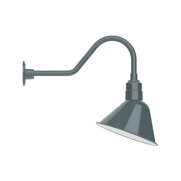 Our outdoor wall lights, inspired by 1920's industrial lighting, in classic gooseneck arm styles are great for use as sign or awning lights, garage or barn lights. This vintage look works well indoors also, our smallest sizes will illuminate a restaurant menu board, bookcase, or shelving unit. The Angle shade is designed and mounted so that it illuminates the surface to which it is mounted. Collection: Angle Finish: Slate Gray Glass: 12 inch Angle Notes: Option (1) A19 LED and 3-Integrated 8W, 10W, 15W Width: 11.44" Height: 20.50" Length: 24.88" Weight: 3.00 lb Extension from Wall: 24.88" Canopy: 4.6875" diameter Number of Bulbs: 1 Maximum Wattage: 100.00 W Bulb Type: A19 Bulb Base: E26 Medium Light Source: Incandescent or LED equivalent Dimmable Voltage: 120.00 V Country of Origin: US Safety Listing: UL/cUL Safety Rating: Wet Dark Sky LED Manufacturer Warranty: 1-year limited warranty on the fixture.