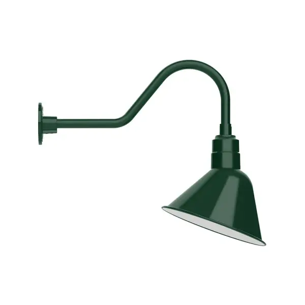 Our outdoor wall lights, inspired by 1920's industrial lighting, in classic gooseneck arm styles are great for use as sign or awning lights, garage or barn lights. This vintage look works well indoors also, our smallest sizes will illuminate a restaurant menu board, bookcase, or shelving unit. The Angle shade is designed and mounted so that it illuminates the surface to which it is mounted. Collection: Angle Finish: Forest Green Glass: 12 inch Angle Width: 11.44" Height: 20.50" Length: 24.88" Weight: 3.00 lb Extension from Wall: 24.88" Canopy: 4.6875" diameter Number of Bulbs: 1 Maximum Wattage: 10.00 W Light Source: LED Light Output: 800.00 lm Color Temperature: 3000 K CRI: 90 Dimmable Rated Average Life: 50,000 Voltage: 120.00 V Country of Origin: US Safety Listing: UL/cUL Safety Rating: Wet Dark Sky LED Manufacturer Warranty: 1-year limited warranty on the fixture.