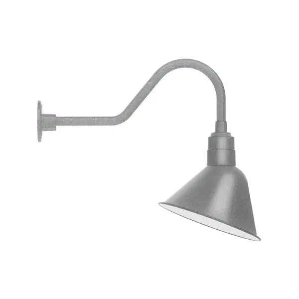Our outdoor wall lights, inspired by 1920's industrial lighting, in classic gooseneck arm styles are great for use as sign or awning lights, garage or barn lights. This vintage look works well indoors also, our smallest sizes will illuminate a restaurant menu board, bookcase, or shelving unit. The Angle shade is designed and mounted so that it illuminates the surface to which it is mounted. Collection: Angle Finish: Painted Galvanized Glass: 12 inch Angle Notes: Option (1) A19 LED and 3-Integrated 8W, 10W, 15W Width: 11.44" Height: 20.50" Length: 24.88" Weight: 3.00 lb Extension from Wall: 24.88" Canopy: 4.6875" diameter Number of Bulbs: 1 Maximum Wattage: 100.00 W Bulb Type: A19 Bulb Base: E26 Medium Light Source: Incandescent or LED equivalent Dimmable Voltage: 120.00 V Country of Origin: US Safety Listing: UL/cUL Safety Rating: Wet Dark Sky LED Manufacturer Warranty: 1-year limited warranty on the fixture.