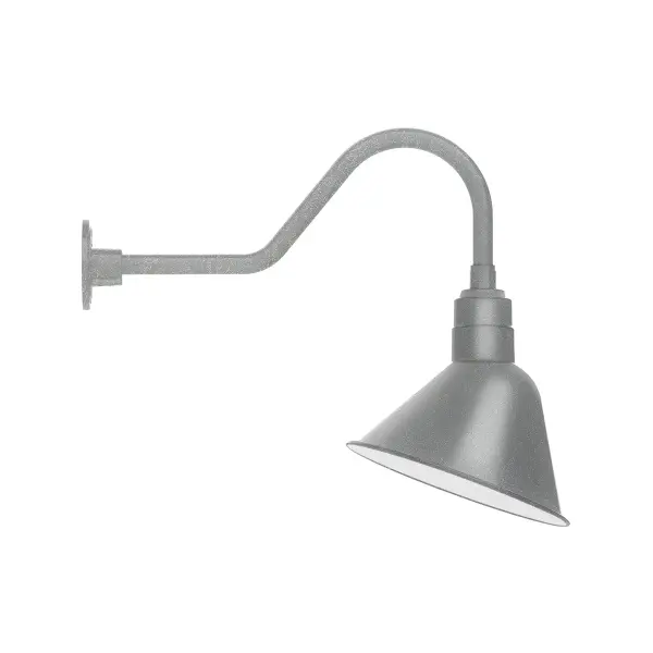 Our outdoor wall lights, inspired by 1920's industrial lighting, in classic gooseneck arm styles are great for use as sign or awning lights, garage or barn lights. This vintage look works well indoors also, our smallest sizes will illuminate a restaurant menu board, bookcase, or shelving unit. The Angle shade is designed and mounted so that it illuminates the surface to which it is mounted. Collection: Angle Finish: Painted Galvanized Glass: 12 inch Angle Notes: Option (1) A19 LED and 3-Integrated 8W, 10W, 15W Width: 11.44" Height: 20.50" Length: 24.88" Weight: 3.00 lb Extension from Wall: 24.88" Canopy: 4.6875" diameter Number of Bulbs: 1 Maximum Wattage: 100.00 W Bulb Type: A19 Bulb Base: E26 Medium Light Source: Incandescent or LED equivalent Dimmable Voltage: 120.00 V Country of Origin: US Safety Listing: UL/cUL Safety Rating: Wet Dark Sky LED Manufacturer Warranty: 1-year limited warranty on the fixture.