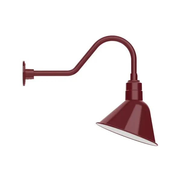 Our outdoor wall lights, inspired by 1920's industrial lighting, in classic gooseneck arm styles are great for use as sign or awning lights, garage or barn lights. This vintage look works well indoors also, our smallest sizes will illuminate a restaurant menu board, bookcase, or shelving unit. The Angle shade is designed and mounted so that it illuminates the surface to which it is mounted. Collection: Angle Finish: Barn Red Glass: 12 inch Angle Notes: Option (1) A19 LED and 3-Integrated 8W, 10W, 15W Width: 11.44" Height: 20.50" Length: 24.88" Weight: 3.00 lb Extension from Wall: 24.88" Canopy: 4.6875" diameter Number of Bulbs: 1 Maximum Wattage: 100.00 W Bulb Type: A19 Bulb Base: E26 Medium Light Source: Incandescent or LED equivalent Dimmable Voltage: 120.00 V Country of Origin: US Safety Listing: UL/cUL Safety Rating: Wet Dark Sky LED Manufacturer Warranty: 1-year limited warranty on the fixture.