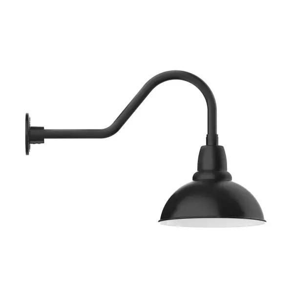 Our outdoor wall lights, inspired by 1920's industrial lighting, in classic gooseneck arm styles are great for use as sign or awning lights, garage or barn lights. This vintage look works well indoors also, our smallest sizes will illuminate a restaurant menu board, bookcase, or shelving unit. Our Cafe shades will help transform your outdoor living area into a warm and intimate gathering space. Collection: Cafe Finish: Black Glass: Clear Glass with Cast Guard Width: 12.00" Height: 16.88" Length: 26.44" Weight: 4.50 lb Extension from Wall: 26.44" Canopy: 4.6875" diameter Number of Bulbs: 1 Maximum Wattage: 10.00 W Light Source: LED Light Output: 800.00 lm Color Temperature: 2700 K CRI: 90 Dimmable Rated Average Life: 50,000 Voltage: 120.00 V Country of Origin: US Safety Listing: UL/cUL Safety Rating: Wet Dark Sky LED Manufacturer Warranty: 1-year limited warranty on the fixture.