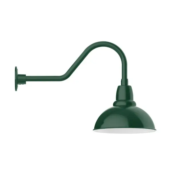 Our outdoor wall lights, inspired by 1920's industrial lighting, in classic gooseneck arm styles are great for use as sign or awning lights, garage or barn lights. This vintage look works well indoors also, our smallest sizes will illuminate a restaurant menu board, bookcase, or shelving unit. Our Cafe shades will help transform your outdoor living area into a warm and intimate gathering space. Collection: Cafe Finish: Forest Green Glass: 12 inch Cafe Notes: Option (1) A19 LED and 3-Integrated 8W, 10W, 15W Width: 12.00" Height: 16.88" Length: 26.44" Weight: 4.50 lb Extension from Wall: 26.44" Canopy: 4.6875" diameter Number of Bulbs: 1 Maximum Wattage: 100.00 W Bulb Type: A19 Bulb Base: E26 Medium Light Source: Incandescent or LED equivalent Dimmable Voltage: 120.00 V Country of Origin: US Safety Listing: UL/cUL Safety Rating: Wet Dark Sky LED Manufacturer Warranty: 1-year limited warranty on the fixture.