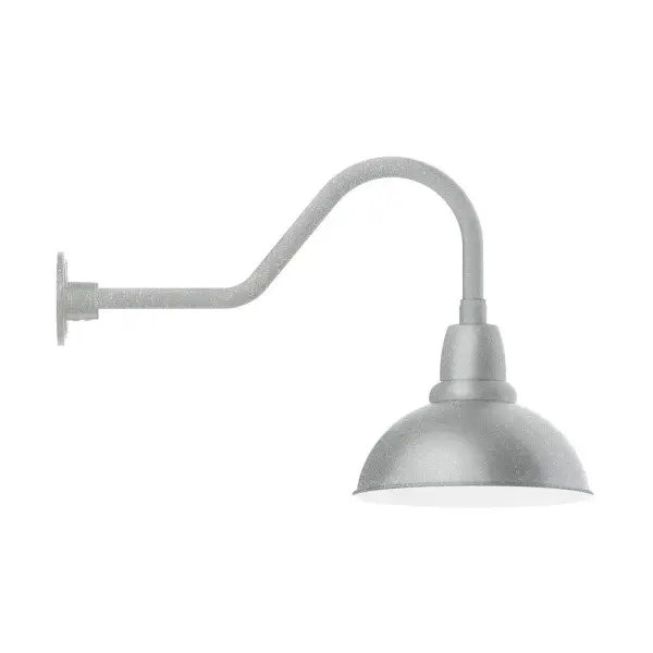 Our outdoor wall lights, inspired by 1920's industrial lighting, in classic gooseneck arm styles are great for use as sign or awning lights, garage or barn lights. This vintage look works well indoors also, our smallest sizes will illuminate a restaurant menu board, bookcase, or shelving unit. Our Cafe shades will help transform your outdoor living area into a warm and intimate gathering space. Collection: Cafe Finish: Painted Galvanized Glass: Clear Glass with Cast Guard Notes: Option (1) A19 LED and 3-Integrated 8W, 10W, 15W Width: 12.00" Height: 16.88" Length: 26.44" Weight: 4.50 lb Extension from Wall: 26.44" Canopy: 4.6875" diameter Number of Bulbs: 1 Maximum Wattage: 100.00 W Bulb Type: A19 Bulb Base: E26 Medium Light Source: Incandescent or LED equivalent Dimmable Voltage: 120.00 V Country of Origin: US Safety Listing: UL/cUL Safety Rating: Wet Dark Sky LED Manufacturer Warranty: 1-year limited warranty on the fixture.