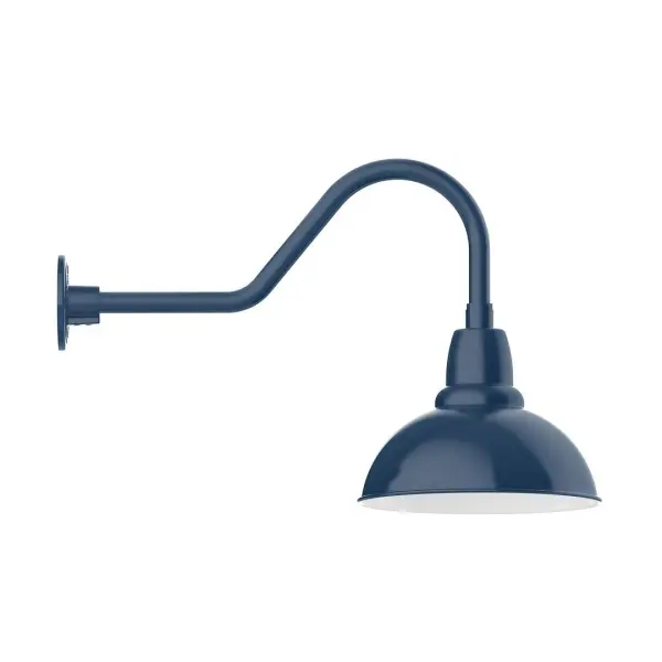 Our outdoor wall lights, inspired by 1920's industrial lighting, in classic gooseneck arm styles are great for use as sign or awning lights, garage or barn lights. This vintage look works well indoors also, our smallest sizes will illuminate a restaurant menu board, bookcase, or shelving unit. Our Cafe shades will help transform your outdoor living area into a warm and intimate gathering space. Collection: Cafe Finish: Navy Glass: Clear Glass with Cast Guard Notes: Option (1) A19 LED and 3-Integrated 8W, 10W, 15W Width: 12.00" Height: 16.88" Length: 26.44" Weight: 4.50 lb Extension from Wall: 26.44" Canopy: 4.6875" diameter Number of Bulbs: 1 Maximum Wattage: 100.00 W Bulb Type: A19 Bulb Base: E26 Medium Light Source: Incandescent or LED equivalent Dimmable Voltage: 120.00 V Country of Origin: US Safety Listing: UL/cUL Safety Rating: Wet Dark Sky LED Manufacturer Warranty: 1-year limited warranty on the fixture.