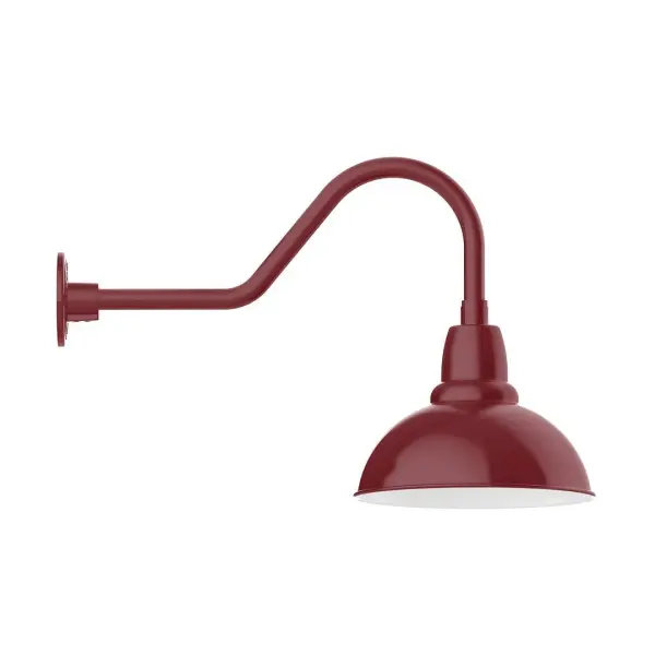 Our outdoor wall lights, inspired by 1920's industrial lighting, in classic gooseneck arm styles are great for use as sign or awning lights, garage or barn lights. This vintage look works well indoors also, our smallest sizes will illuminate a restaurant menu board, bookcase, or shelving unit. Our Cafe shades will help transform your outdoor living area into a warm and intimate gathering space. Collection: Cafe Finish: Barn Red Glass: Clear Glass with Cast Guard Notes: Option (1) A19 LED and 3-Integrated 8W, 10W, 15W Width: 12.00" Height: 16.88" Length: 26.44" Weight: 4.50 lb Extension from Wall: 26.44" Canopy: 4.6875" diameter Number of Bulbs: 1 Maximum Wattage: 100.00 W Bulb Type: A19 Bulb Base: E26 Medium Light Source: Incandescent or LED equivalent Dimmable Voltage: 120.00 V Country of Origin: US Safety Listing: UL/cUL Safety Rating: Wet Dark Sky LED Manufacturer Warranty: 1-year limited warranty on the fixture.