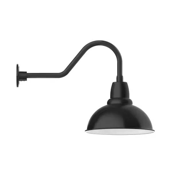 Our outdoor wall lights, inspired by 1920's industrial lighting, in classic gooseneck arm styles are great for use as sign or awning lights, garage or barn lights. This vintage look works well indoors also, our smallest sizes will illuminate a restaurant menu board, bookcase, or shelving unit. Our Cafe shades will help transform your outdoor living area into a warm and intimate gathering space. Collection: Cafe Finish: Black Glass: Clear Glass with Cast Guard Width: 14.00" Height: 18.25" Length: 27.50" Weight: 3.50 lb Extension from Wall: 27.50" Canopy: 4.6875" diameter Number of Bulbs: 1 Maximum Wattage: 15.00 W Light Source: LED Light Output: 1200.00 lm Color Temperature: 2700 K CRI: 90 Dimmable Rated Average Life: 50,000 Voltage: 120.00 V Country of Origin: US Safety Listing: UL/cUL Safety Rating: Wet Dark Sky LED Manufacturer Warranty: 1-year limited warranty on the fixture.