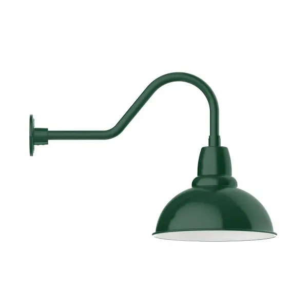 Our outdoor wall lights, inspired by 1920's industrial lighting, in classic gooseneck arm styles are great for use as sign or awning lights, garage or barn lights. This vintage look works well indoors also, our smallest sizes will illuminate a restaurant menu board, bookcase, or shelving unit. Our Cafe shades will help transform your outdoor living area into a warm and intimate gathering space. Collection: Cafe Finish: Forest Green Glass: 14 inch Cafe Width: 14.00" Height: 18.25" Length: 27.50" Weight: 3.50 lb Extension from Wall: 27.50" Canopy: 4.6875" diameter Number of Bulbs: 1 Maximum Wattage: 15.00 W Light Source: LED Light Output: 1200.00 lm Color Temperature: 3000 K CRI: 90 Dimmable Rated Average Life: 50,000 Voltage: 120.00 V Country of Origin: US Safety Listing: UL/cUL Safety Rating: Wet Dark Sky LED Manufacturer Warranty: 1-year limited warranty on the fixture.