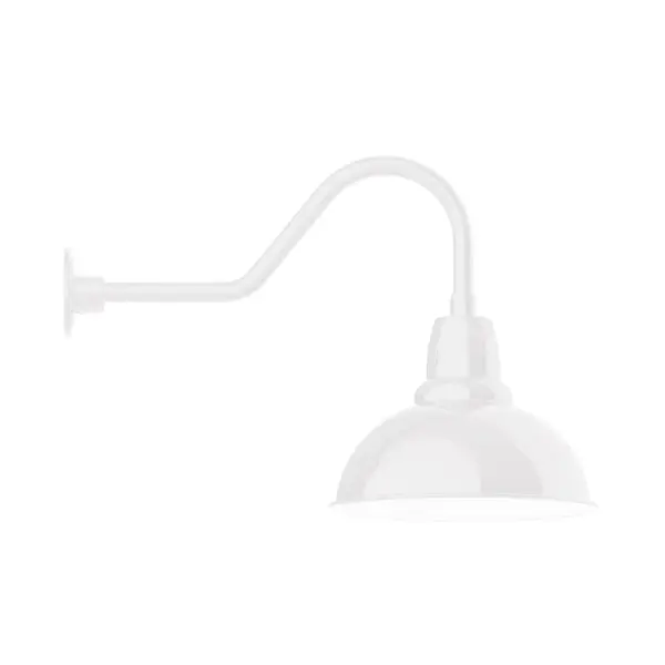 Our outdoor wall lights, inspired by 1920's industrial lighting, in classic gooseneck arm styles are great for use as sign or awning lights, garage or barn lights. This vintage look works well indoors also, our smallest sizes will illuminate a restaurant menu board, bookcase, or shelving unit. Our Cafe shades will help transform your outdoor living area into a warm and intimate gathering space. Collection: Cafe Finish: White Glass: 14 inch Cafe Width: 14.00" Height: 18.25" Length: 27.50" Weight: 3.50 lb Extension from Wall: 27.50" Canopy: 4.6875" diameter Number of Bulbs: 1 Maximum Wattage: 15.00 W Light Source: LED Light Output: 1200.00 lm Color Temperature: 3000 K CRI: 90 Dimmable Rated Average Life: 50,000 Voltage: 120.00 V Country of Origin: US Safety Listing: UL/cUL Safety Rating: Wet Dark Sky LED Manufacturer Warranty: 1-year limited warranty on the fixture.