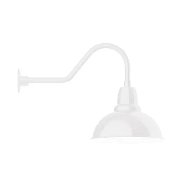 Our outdoor wall lights, inspired by 1920's industrial lighting, in classic gooseneck arm styles are great for use as sign or awning lights, garage or barn lights. This vintage look works well indoors also, our smallest sizes will illuminate a restaurant menu board, bookcase, or shelving unit. Our Cafe shades will help transform your outdoor living area into a warm and intimate gathering space. Collection: Cafe Finish: White Glass: 14 inch Cafe Notes: Option (1) A19 LED and 3-Integrated 8W, 10W, 15W Width: 14.00" Height: 18.25" Length: 27.50" Weight: 3.50 lb Extension from Wall: 27.50" Canopy: 4.6875" diameter Number of Bulbs: 1 Maximum Wattage: 100.00 W Bulb Type: A19 Bulb Base: E26 Medium Light Source: Incandescent or LED equivalent Dimmable Voltage: 120.00 V Country of Origin: US Safety Listing: UL/cUL Safety Rating: Wet Dark Sky LED Manufacturer Warranty: 1-year limited warranty on the fixture.