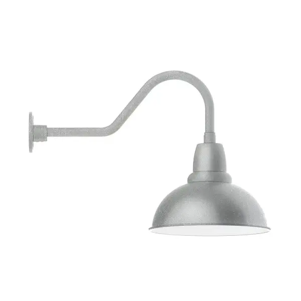 Our outdoor wall lights, inspired by 1920's industrial lighting, in classic gooseneck arm styles are great for use as sign or awning lights, garage or barn lights. This vintage look works well indoors also, our smallest sizes will illuminate a restaurant menu board, bookcase, or shelving unit. Our Cafe shades will help transform your outdoor living area into a warm and intimate gathering space. Collection: Cafe Finish: Painted Galvanized Glass: Clear Glass with Cast Guard Notes: Option (1) A19 LED and 3-Integrated 8W, 10W, 15W Width: 14.00" Height: 18.25" Length: 27.50" Weight: 3.50 lb Extension from Wall: 27.50" Canopy: 4.6875" diameter Number of Bulbs: 1 Maximum Wattage: 100.00 W Bulb Type: A19 Bulb Base: E26 Medium Light Source: Incandescent or LED equivalent Dimmable Voltage: 120.00 V Country of Origin: US Safety Listing: UL/cUL Safety Rating: Wet Dark Sky LED Manufacturer Warranty: 1-year limited warranty on the fixture.