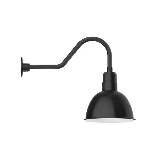 Our outdoor wall lights, inspired by 1920's industrial lighting, in classic gooseneck arm styles are great for use as sign or awning lights, garage or barn lights. This vintage look works well indoors also, our smallest sizes will illuminate a restaurant menu board, bookcase, or shelving unit. Our Deep Bowl shade, the ultimate domed reflector, is classic in shape and offers great light output. Collection: Deep Bowl Finish: Black Glass: Clear Glass with Cast Guard Notes: Option (1) A19 LED and 3-Integrated 8W, 10W, 15W Width: 12.00" Height: 19.50" Length: 26.50" Weight: 4.50 lb Extension from Wall: 26.50" Canopy: 4.625" diameter Number of Bulbs: 1 Maximum Wattage: 100.00 W Bulb Type: A19 Bulb Base: E26 Medium Light Source: Incandescent or LED equivalent Dimmable Voltage: 120.00 V Country of Origin: US Safety Listing: UL/cUL Safety Rating: Wet Dark Sky LED Manufacturer Warranty: 1-year limited warranty on the fixture.