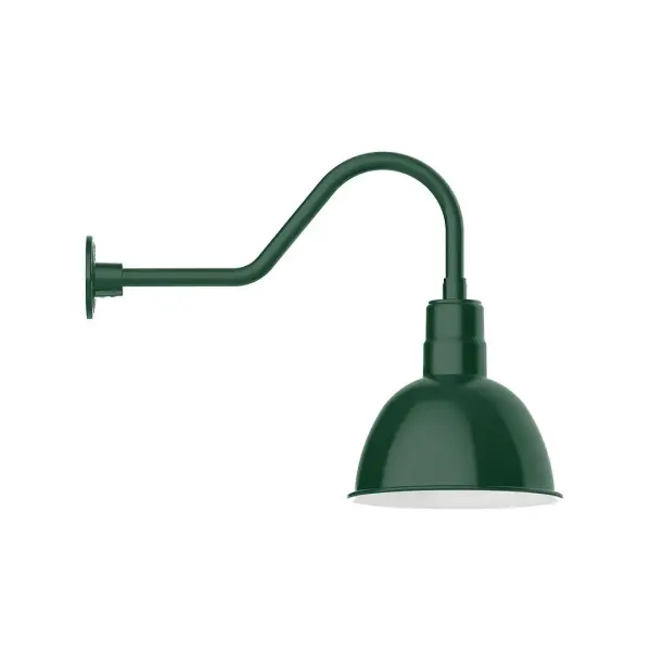 Our outdoor wall lights, inspired by 1920's industrial lighting, in classic gooseneck arm styles are great for use as sign or awning lights, garage or barn lights. This vintage look works well indoors also, our smallest sizes will illuminate a restaurant menu board, bookcase, or shelving unit. Our Deep Bowl shade, the ultimate domed reflector, is classic in shape and offers great light output. Collection: Deep Bowl Finish: Forest Green Glass: Clear Glass with Cast Guard Width: 12.00" Height: 19.50" Length: 26.50" Weight: 4.50 lb Extension from Wall: 26.50" Canopy: 4.625" diameter Number of Bulbs: 1 Maximum Wattage: 10.00 W Light Source: LED Light Output: 800.00 lm Color Temperature: 2700 K CRI: 90 Dimmable Rated Average Life: 50,000 Voltage: 120.00 V Country of Origin: US Safety Listing: UL/cUL Safety Rating: Wet Dark Sky LED Manufacturer Warranty: 1-year limited warranty on the fixture.