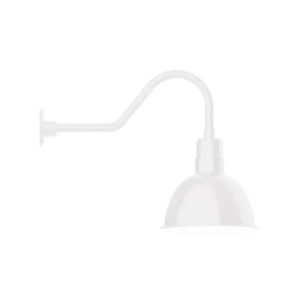 Our outdoor wall lights, inspired by 1920's industrial lighting, in classic gooseneck arm styles are great for use as sign or awning lights, garage or barn lights. This vintage look works well indoors also, our smallest sizes will illuminate a restaurant menu board, bookcase, or shelving unit. Our Deep Bowl shade, the ultimate domed reflector, is classic in shape and offers great light output. Collection: Deep Bowl Finish: White Glass: 12 inch Deep Bowl Width: 12.00" Height: 19.50" Length: 26.50" Weight: 4.50 lb Extension from Wall: 26.50" Canopy: 4.625" diameter Number of Bulbs: 1 Maximum Wattage: 10.00 W Light Source: LED Light Output: 800.00 lm Color Temperature: 3000 K CRI: 90 Dimmable Rated Average Life: 50,000 Voltage: 120.00 V Country of Origin: US Safety Listing: UL/cUL Safety Rating: Wet Dark Sky LED Manufacturer Warranty: 1-year limited warranty on the fixture.
