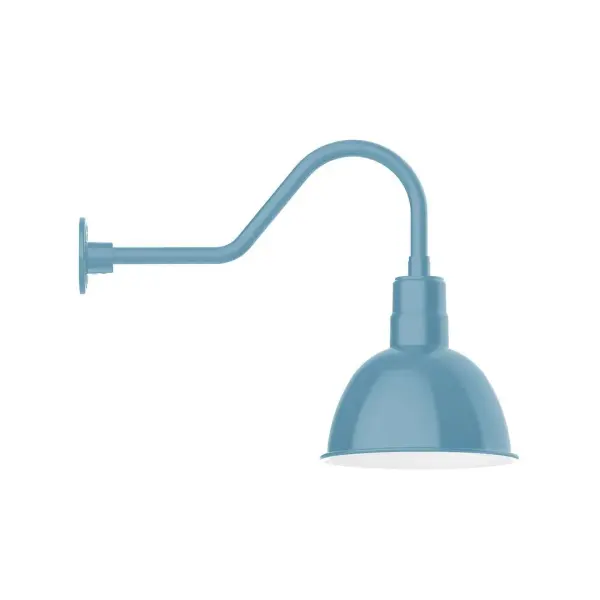 Our outdoor wall lights, inspired by 1920's industrial lighting, in classic gooseneck arm styles are great for use as sign or awning lights, garage or barn lights. This vintage look works well indoors also, our smallest sizes will illuminate a restaurant menu board, bookcase, or shelving unit. Our Deep Bowl shade, the ultimate domed reflector, is classic in shape and offers great light output. Collection: Deep Bowl Finish: Light Blue Glass: 12 inch Deep Bowl Width: 12.00" Height: 19.50" Length: 26.50" Weight: 4.50 lb Extension from Wall: 26.50" Canopy: 4.625" diameter Number of Bulbs: 1 Maximum Wattage: 10.00 W Light Source: LED Light Output: 800.00 lm Color Temperature: 2700 K CRI: 90 Dimmable Rated Average Life: 50,000 Voltage: 120.00 V Country of Origin: US Safety Listing: UL/cUL Safety Rating: Wet Dark Sky LED Manufacturer Warranty: 1-year limited warranty on the fixture.