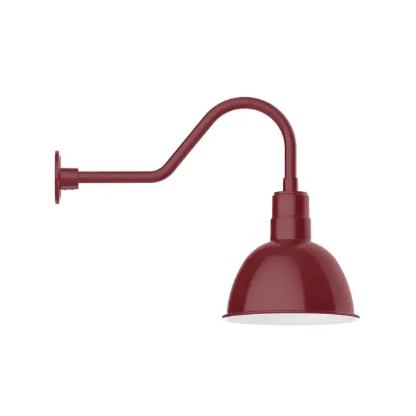 Our outdoor wall lights, inspired by 1920's industrial lighting, in classic gooseneck arm styles are great for use as sign or awning lights, garage or barn lights. This vintage look works well indoors also, our smallest sizes will illuminate a restaurant menu board, bookcase, or shelving unit. Our Deep Bowl shade, the ultimate domed reflector, is classic in shape and offers great light output. Collection: Deep Bowl Finish: Barn Red Glass: Clear Glass with Cast Guard Notes: Option (1) A19 LED and 3-Integrated 8W, 10W, 15W Width: 12.00" Height: 19.50" Length: 26.50" Weight: 4.50 lb Extension from Wall: 26.50" Canopy: 4.625" diameter Number of Bulbs: 1 Maximum Wattage: 100.00 W Bulb Type: A19 Bulb Base: E26 Medium Light Source: Incandescent or LED equivalent Dimmable Voltage: 120.00 V Country of Origin: US Safety Listing: UL/cUL Safety Rating: Wet Dark Sky LED Manufacturer Warranty: 1-year limited warranty on the fixture.