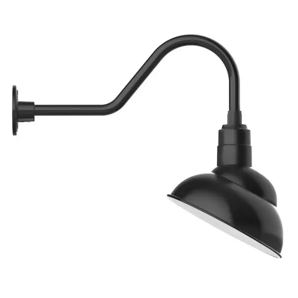Our outdoor wall lights, inspired by 1920's industrial lighting, in classic gooseneck arm styles are great for use as sign or awning lights, garage or barn lights. This vintage look works well indoors also, our smallest sizes will illuminate a restaurant menu board, bookcase, or shelving unit. The Emblem shade is designed to illuminate the surface to which it is mounted. Collection: Emblem Finish: Black Glass: 12 inch Emblem Width: 12.00" Height: 20.75" Length: 25.13" Weight: 9.00 lb Extension from Wall: 25.13" Canopy: 4.625" diameter Number of Bulbs: 1 Maximum Wattage: 10.00 W Light Source: LED Light Output: 800.00 lm Color Temperature: 2700 K CRI: 90 Dimmable Rated Average Life: 50,000 Voltage: 120.00 V Country of Origin: US Safety Listing: UL/cUL Safety Rating: Wet Dark Sky LED Manufacturer Warranty: 1-year limited warranty on the fixture.